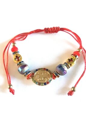 Red Beaded Gold-Tone Saint Benedict Medal Bracelet